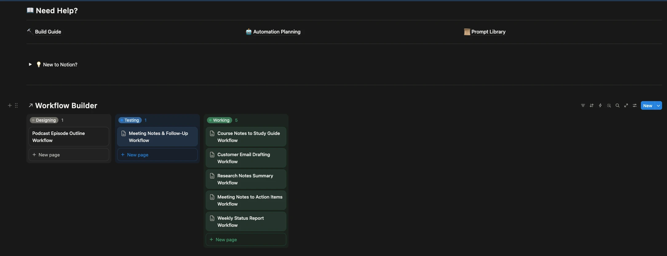 Workflow Factory board with Designing, Testing, and Working columns