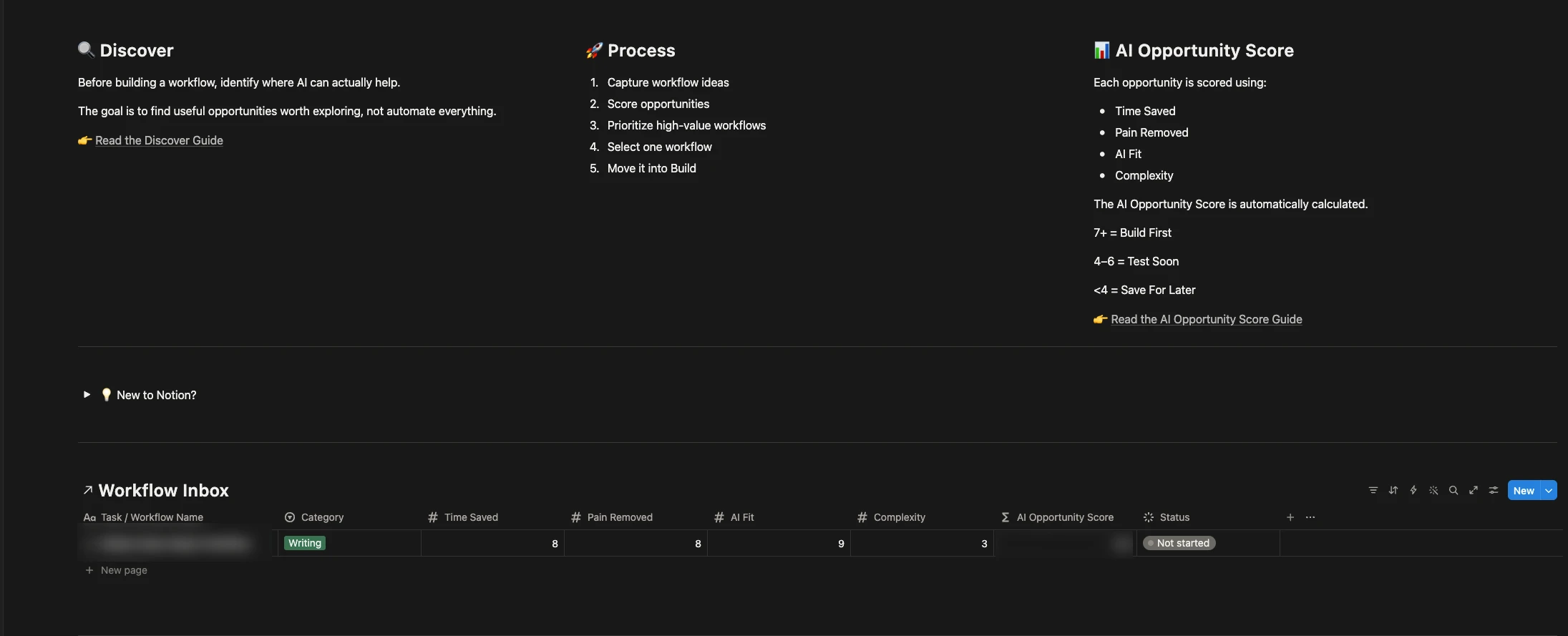 Workflow opportunity scoring preview inside the Discover section