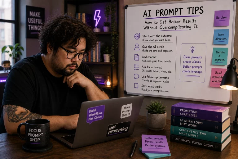 Illustration of AI prompt tips for building better AI workflows, featuring practical prompting strategies, structured AI systems, and human-centered productivity workflows in a modern workspace.