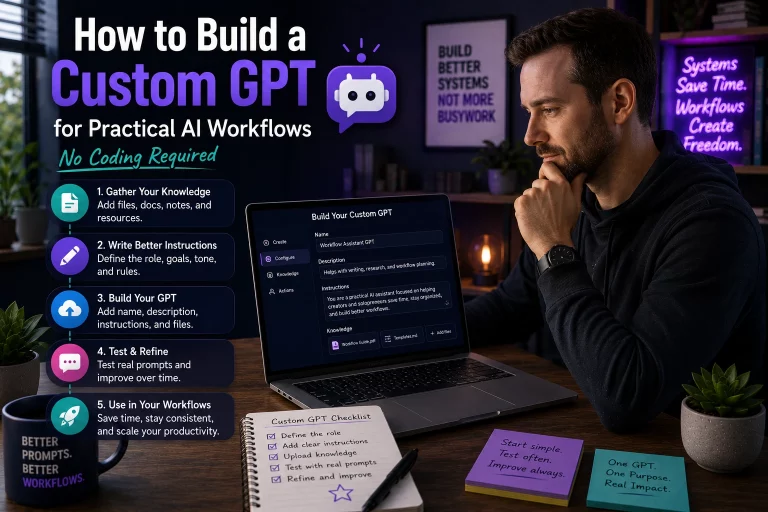 Illustration of building a Custom GPT for practical AI workflows, featuring reusable AI systems, structured prompting workflows, and a human-centered creator workspace with modern productivity tools.