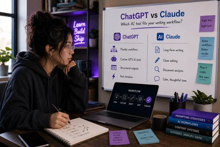 Illustration comparing ChatGPT vs Claude for writing and content workflows, featuring practical AI productivity systems, structured content planning, and human-centered AI workflow tools in a modern workspace.