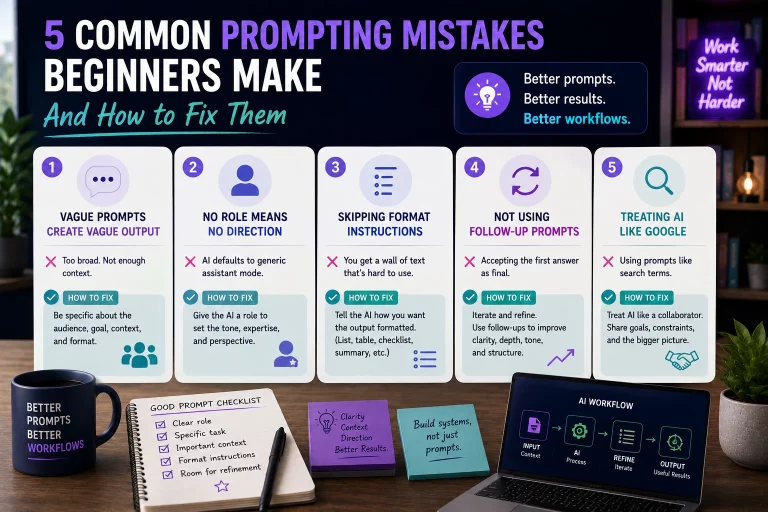 Illustration showing common prompting mistakes beginners make when using AI tools, featuring practical AI workflow improvements, structured prompting systems, and modern human-centered productivity concepts.
