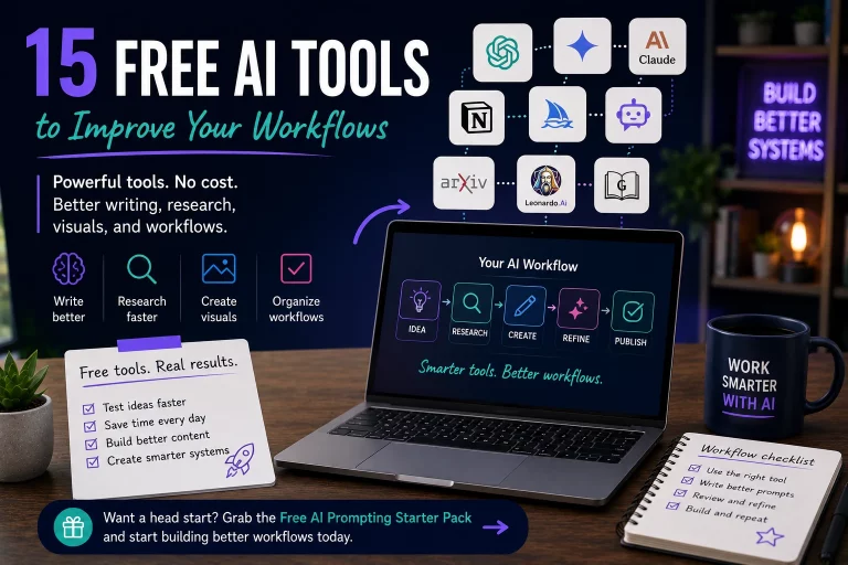 Illustration featuring free AI tools for improving workflows, including AI writing assistants, workflow organization systems, content creation tools, and practical productivity-focused AI workflows in a modern digital workspace.