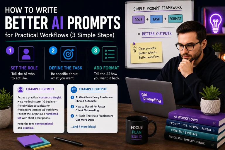 Illustration showing how to write better AI prompts for practical workflows using structured prompting systems, workflow thinking, and human-centered AI productivity strategies in a modern workspace.