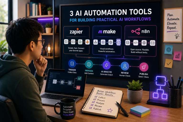 Illustration of AI automation tools for building practical AI workflows with connected workflow systems, automation pipelines, and modern AI productivity tools in a professional workspace.