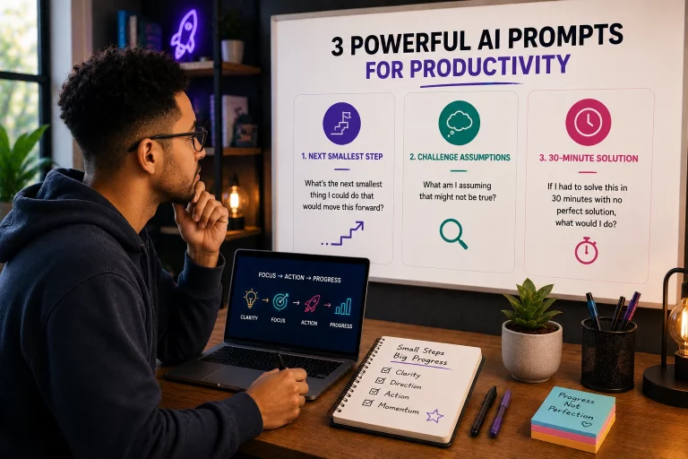 Illustration of AI prompts for productivity featuring practical workflow systems, focus-driven AI prompting, and human-centered productivity workflows in a modern workspace.