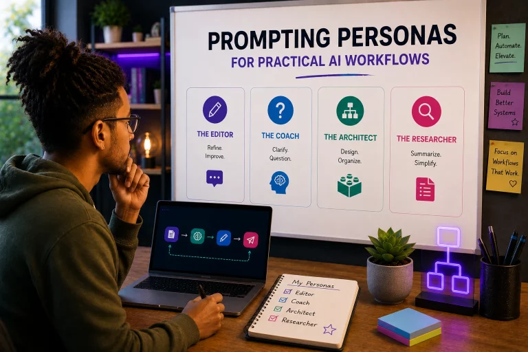 Illustration of prompting personas for practical AI workflows featuring structured AI roles, workflow organization systems, and human-centered AI productivity concepts in a modern workspace.