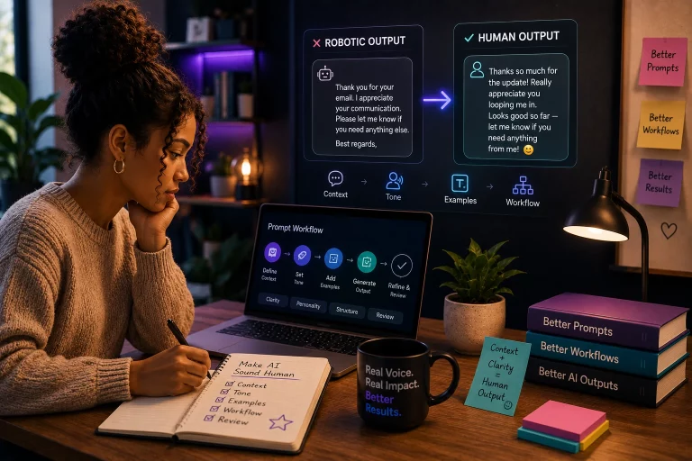 Illustration showing why AI sounds robotic and how better prompting workflows, clearer context, and human-centered AI systems improve natural AI communication.