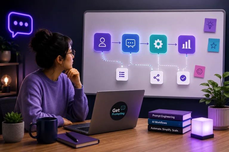 Advanced prompt engineering illustration showing practical AI workflow systems, structured automation concepts, and human-centered productivity workflows in a modern workspace.