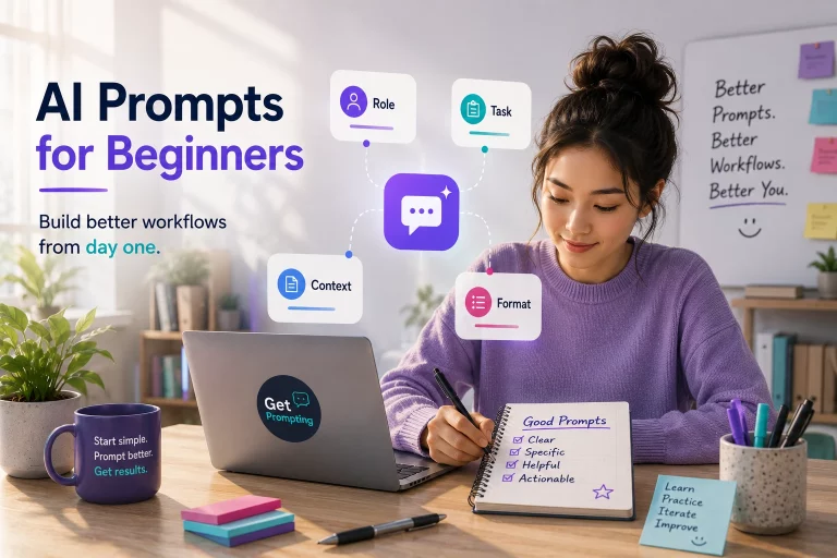 llustration of AI prompts for beginners using simple workflow systems and structured prompting techniques in a modern productivity workspace.