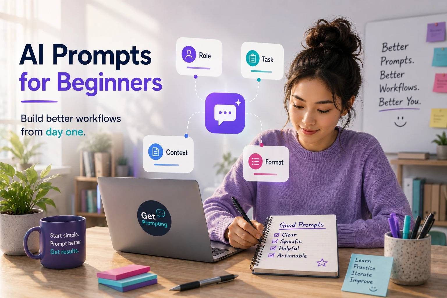 llustration of AI prompts for beginners using simple workflow systems and structured prompting techniques in a modern productivity workspace.