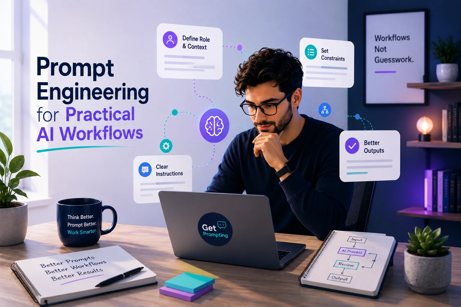 Prompt engineering workflow illustration showing structured AI systems, productivity workflows, and practical AI usage in a modern workspace.