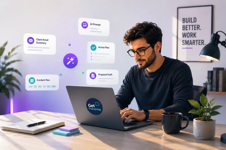 Illustration of AI prompts for freelancers being used in a modern workspace to organize client communication, content planning, and productivity workflows.