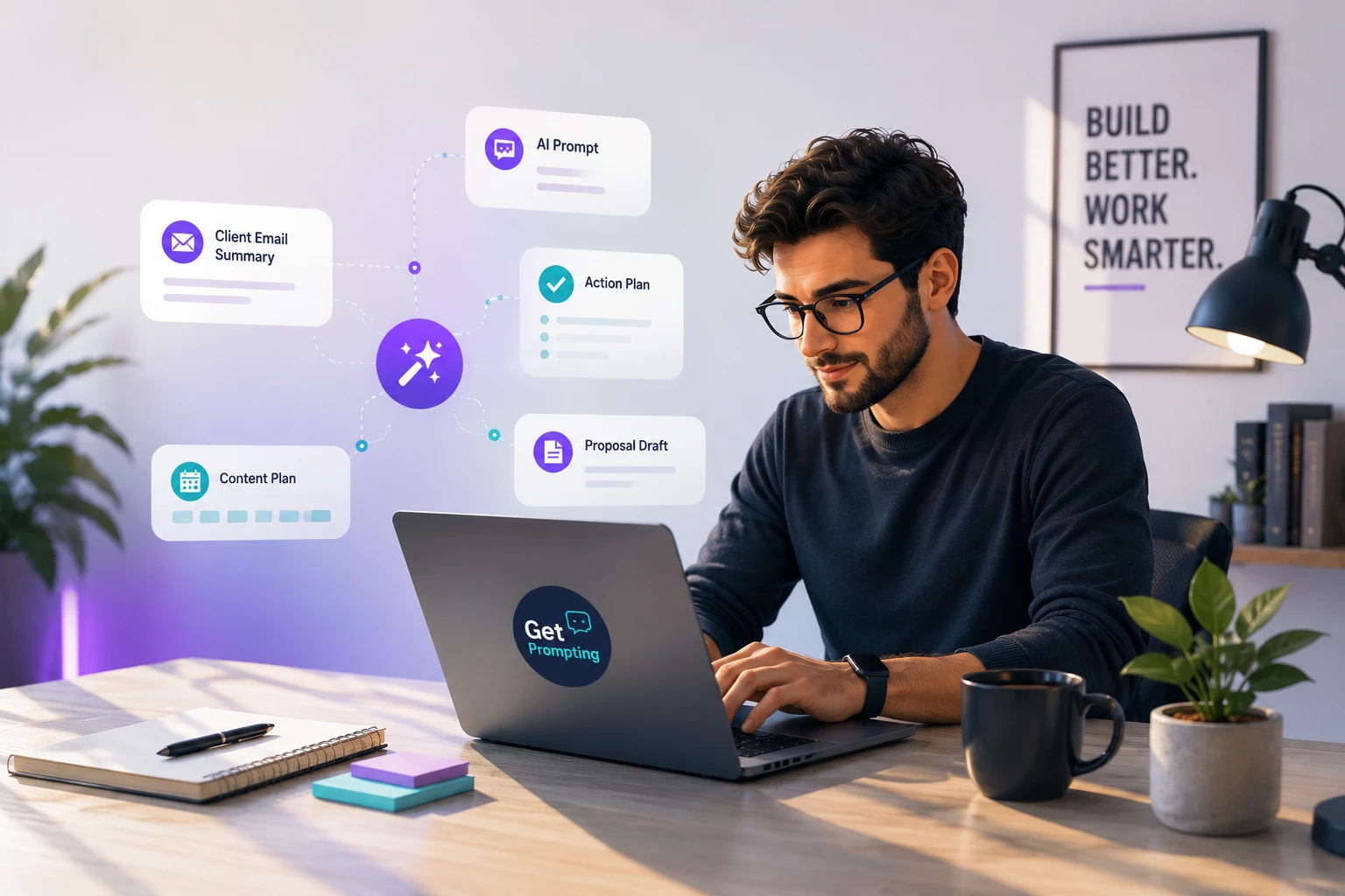 Illustration of AI prompts for freelancers being used in a modern workspace to organize client communication, content planning, and productivity workflows.