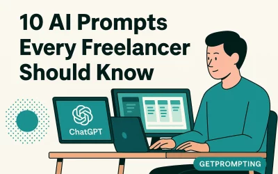 Illustration of a freelancer at a desk using ChatGPT, created for a blog post about AI prompts for freelancers.