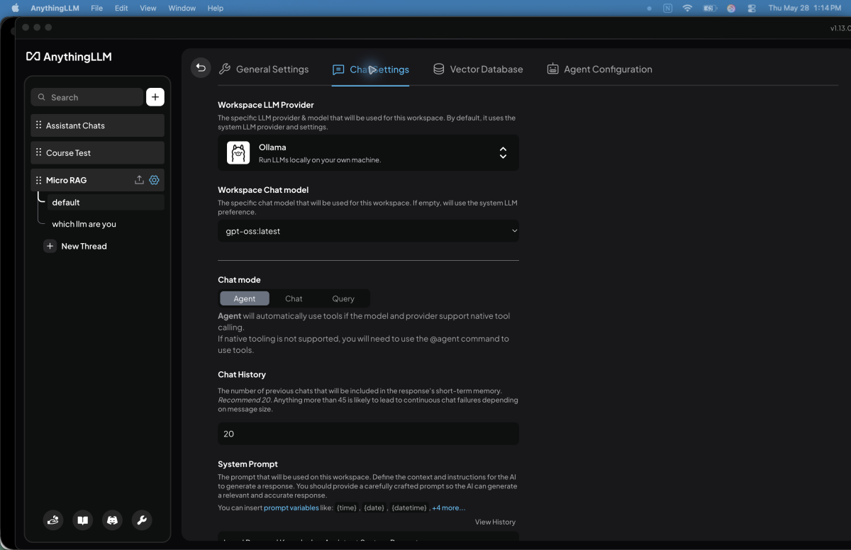 AnythingLLM workspace prompt and model configuration for local AI memory assistant