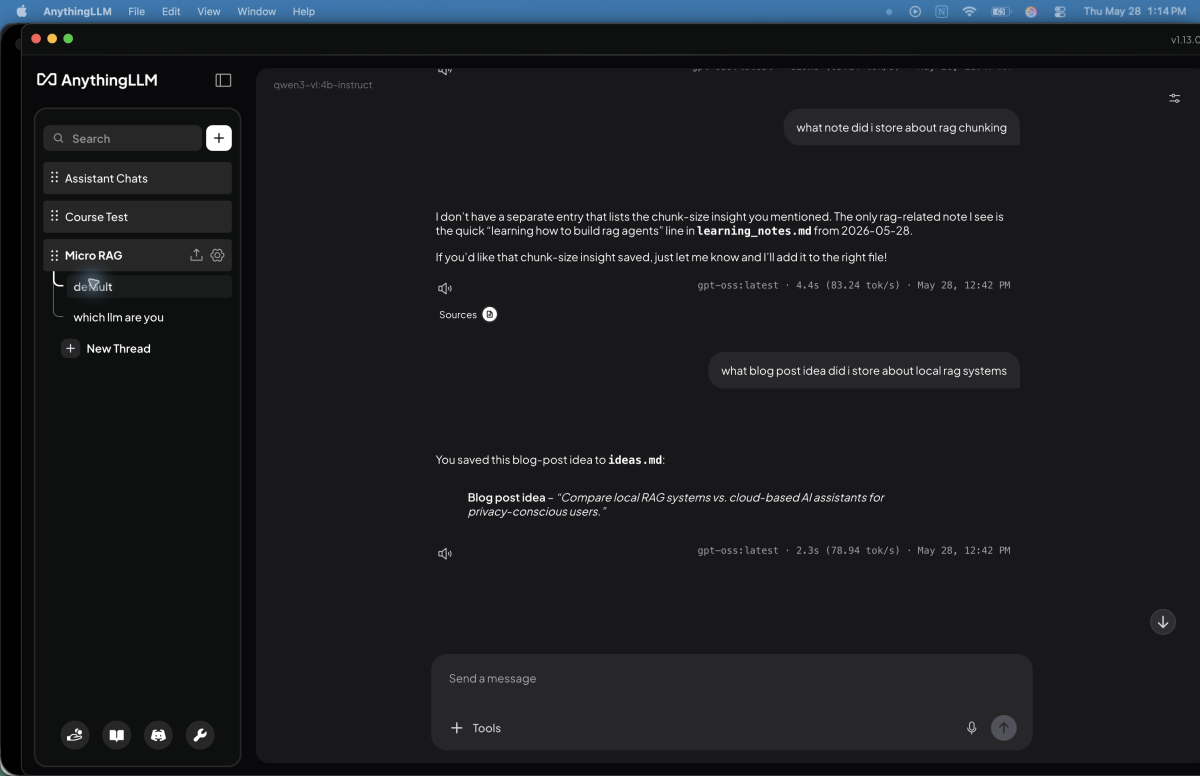 AnythingLLM local RAG setup showing retrieval behavior during testing