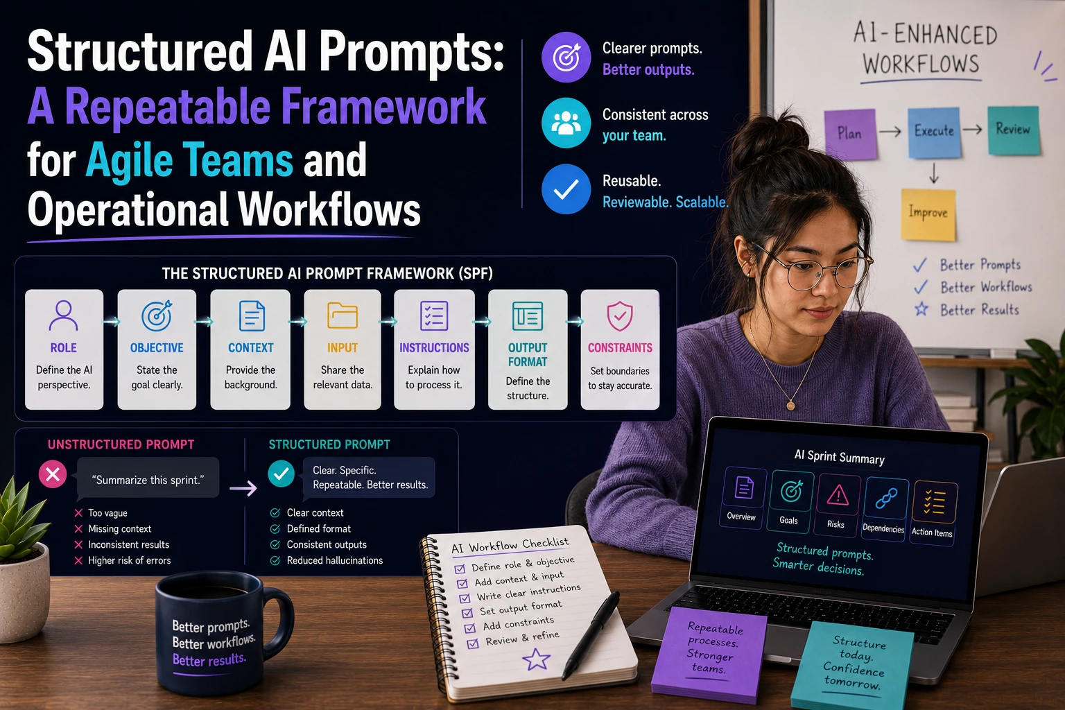 Illustration of a woman using structured AI prompts and Agile workflow frameworks on a laptop with a simplified AI workflow board and operational planning visuals in a modern workspace.