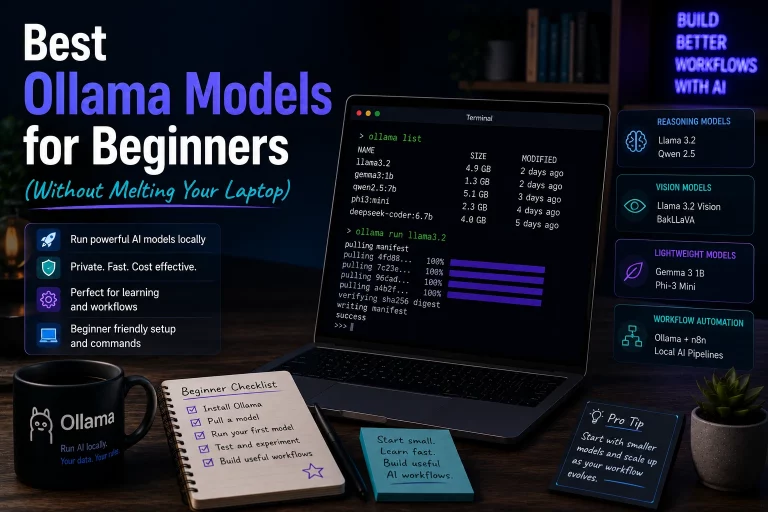 Best Ollama models for beginners displayed in a modern dark mode local AI workspace with a laptop terminal running Ollama commands, lightweight AI model panels, and practical local AI workflow visuals.