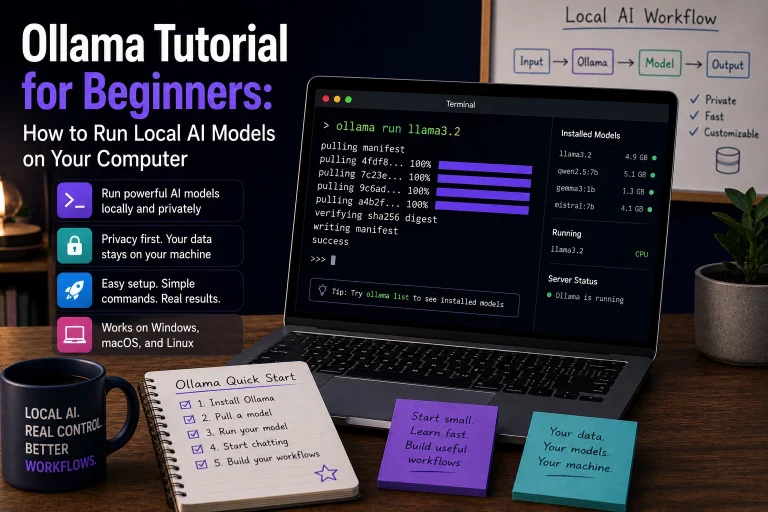 Minimal desktop workspace showing an Ollama tutorial setup with a laptop terminal running local AI models, clean workflow notes, and a practical local AI development environment.