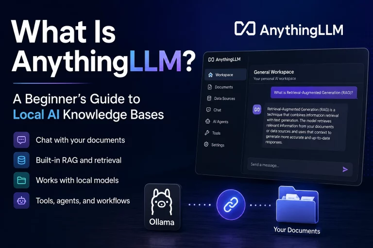 What Is AnythingLLM? Beginner guide showing how AnythingLLM connects local AI models, documents, RAG systems, and AI agents for knowledge base workflows.