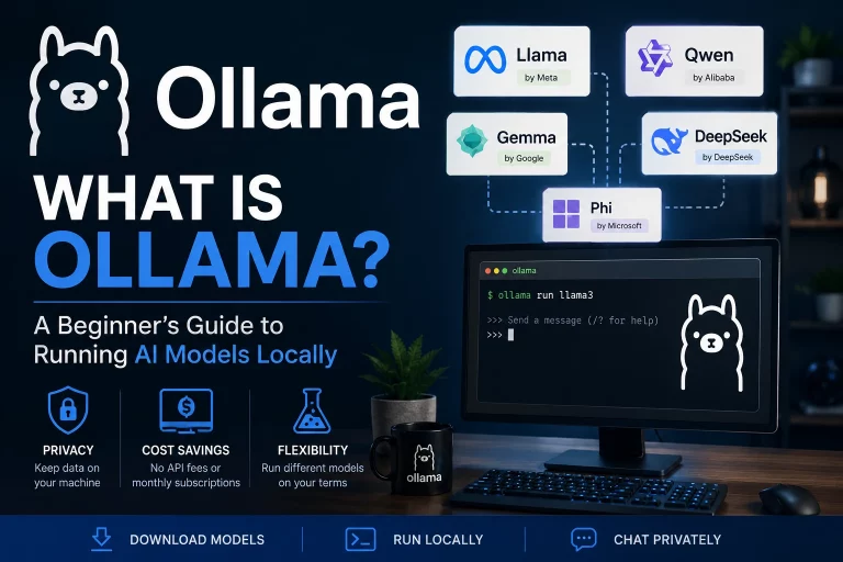 What Is Ollama? Beginner's guide showing how to run AI models locally with Ollama, including Llama, Qwen, Gemma, DeepSeek, and Phi models.