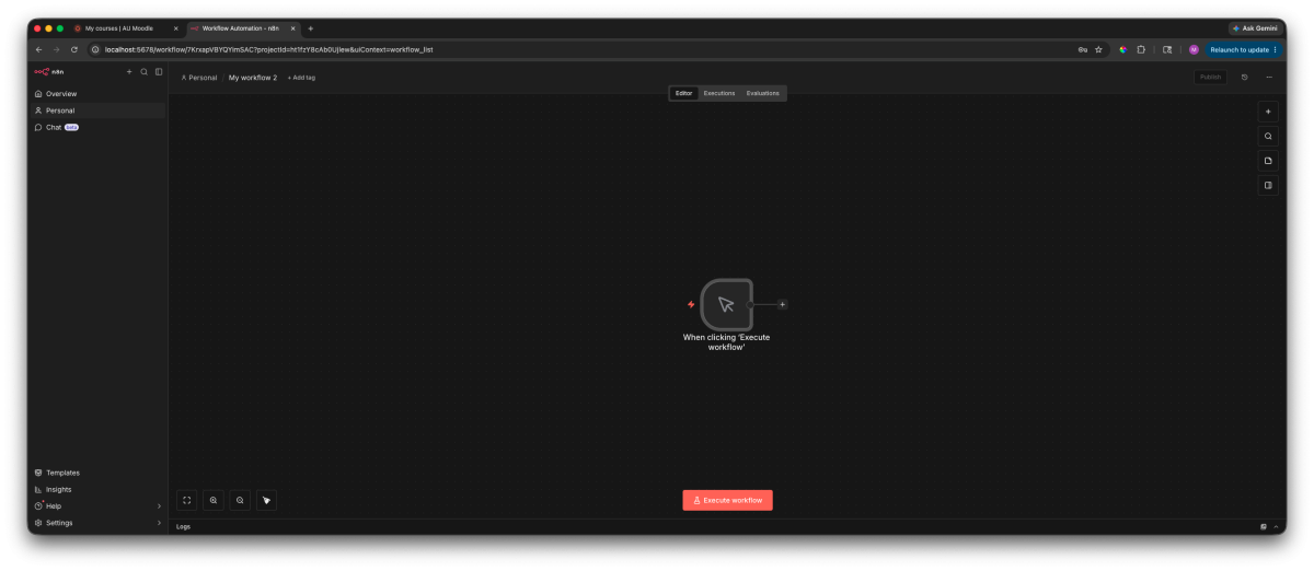 n8n workflow canvas with the Manual Trigger node added as the starting step