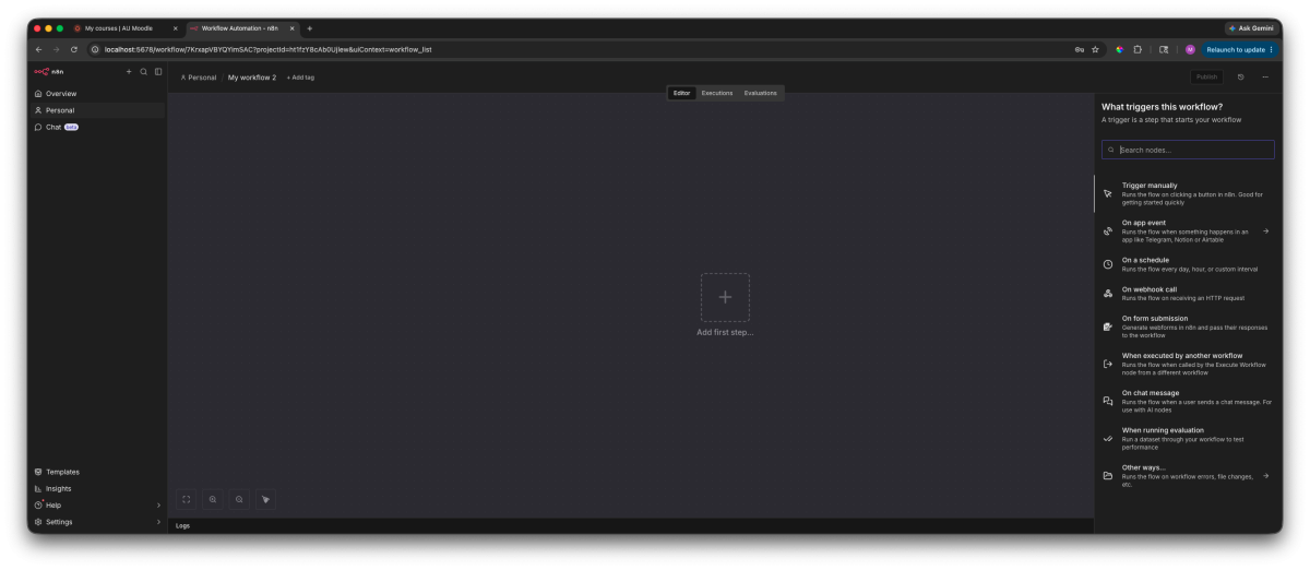 n8n node picker showing the Manual Trigger node selected for a beginner workflow