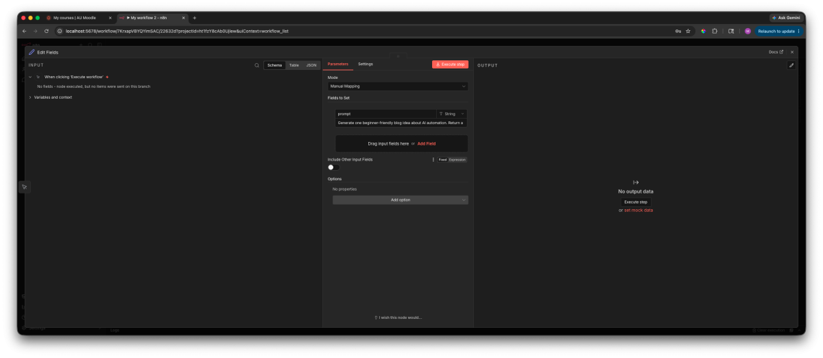 n8n Edit Fields node showing a prompt field configured for the Ollama request