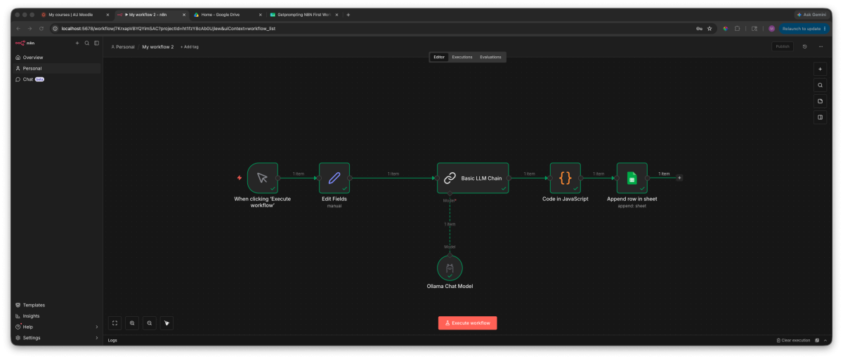 n8n workflow overview showing manual trigger, AI prompt, Ollama, formatted output, and Google Sheets save step