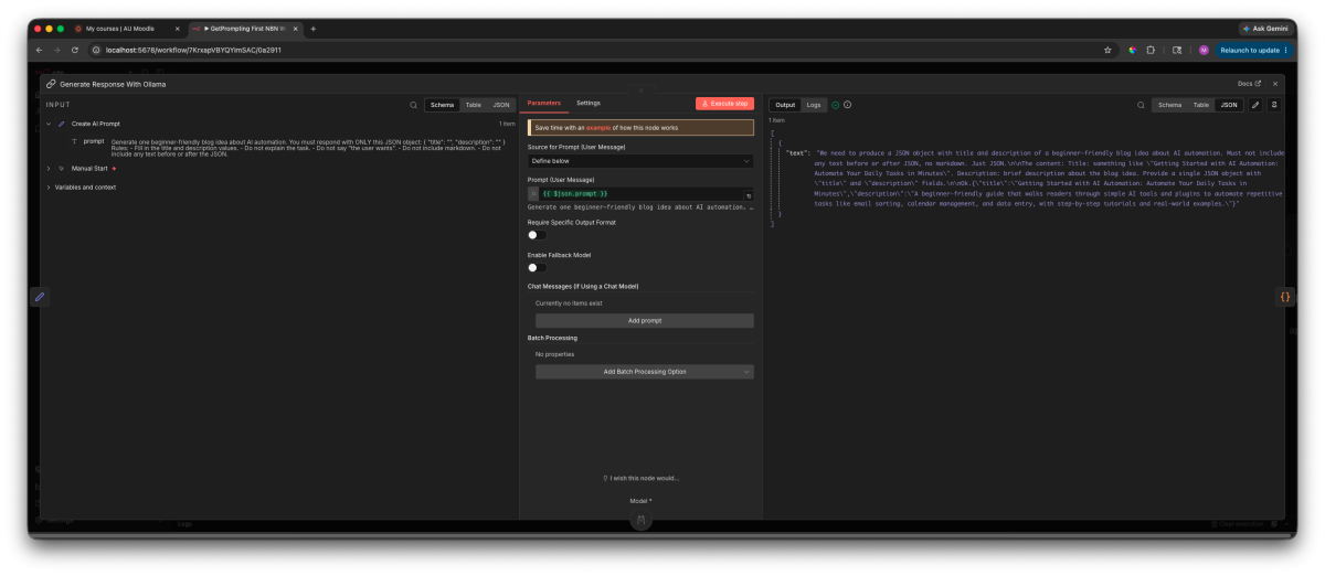 n8n Ollama node configured to send a prompt to a local model running on Ollama