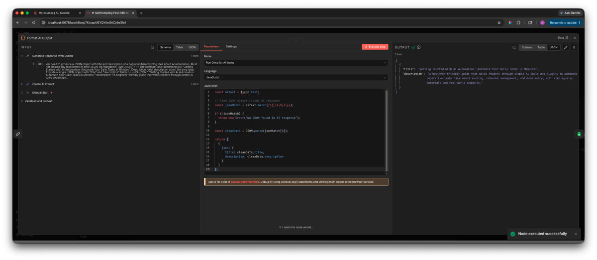n8n Code node using JavaScript to parse and format the AI response into title and description fields