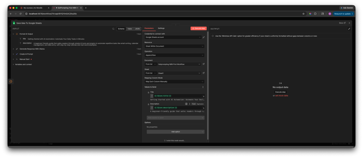 n8n Google Sheets node configured to append a new row with the AI workflow output