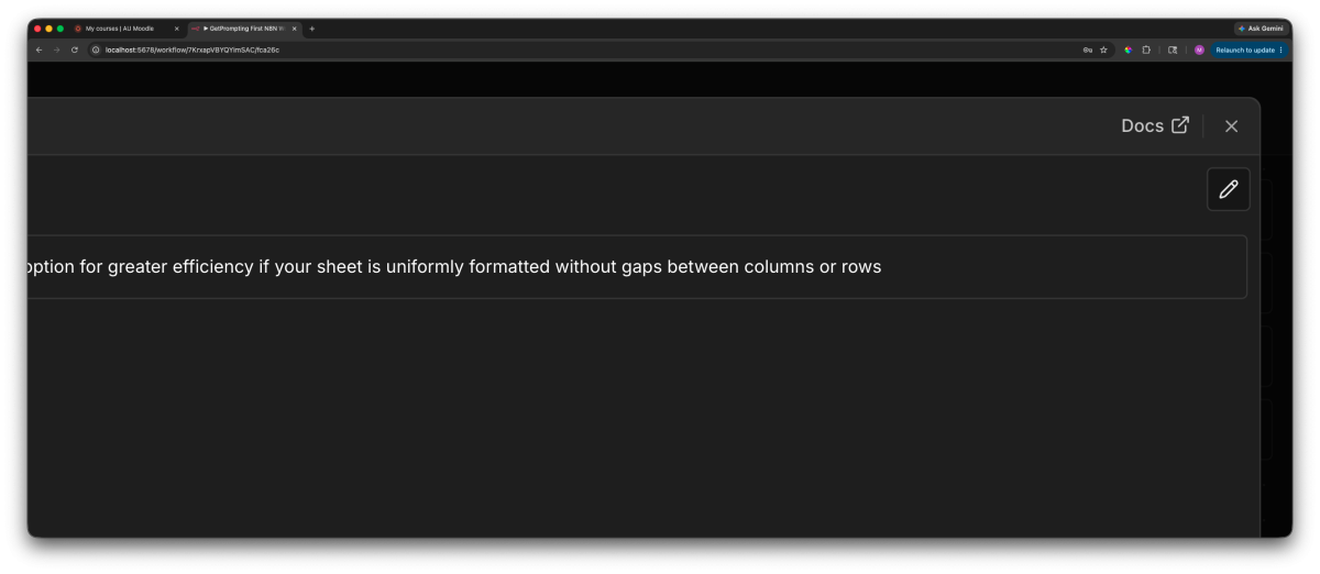 n8n Google Sheets node showing credential setup options and the Docs link for beginners