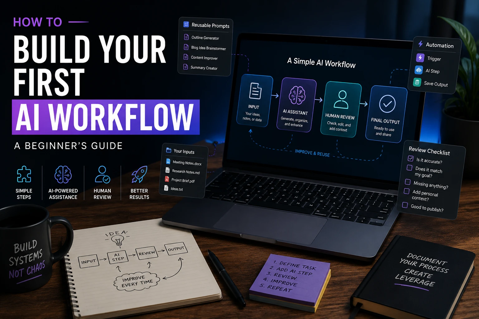 How to build an AI workflow using simple steps, AI assistance, human review, and reusable systems