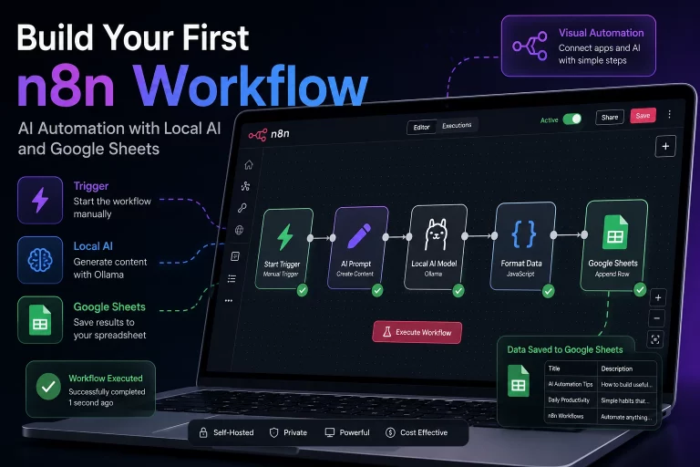 Build your first n8n workflow tutorial showing an AI automation connected to Ollama and Google Sheets