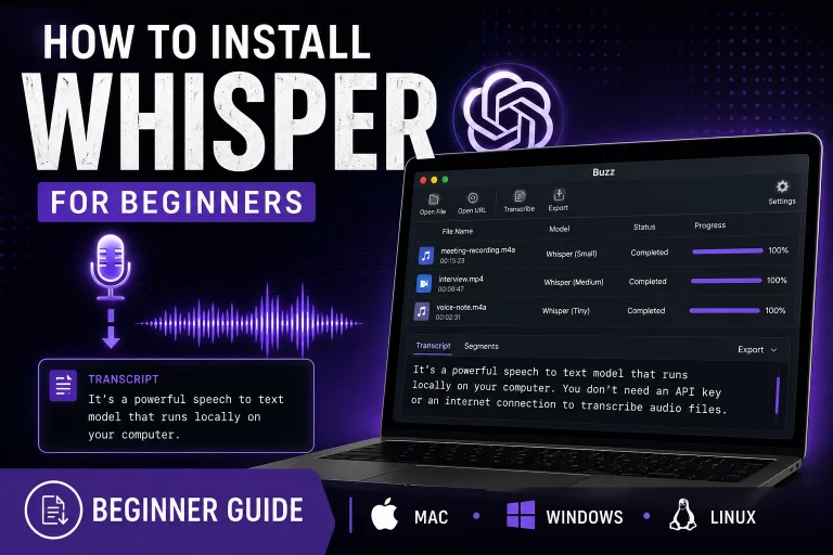 How to install Whisper for beginners using Buzz on Mac, Windows, and Linux. Local speech-to-text setup guide showing audio transcription workflow and transcript generation.