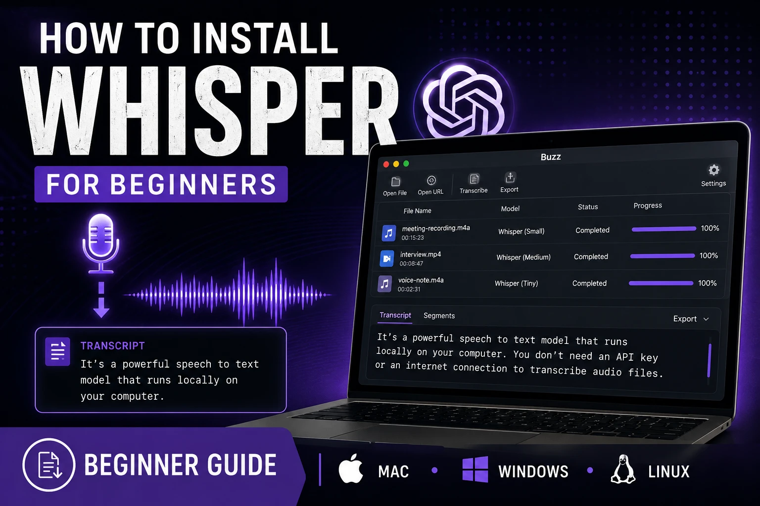 How to install Whisper for beginners using Buzz on Mac, Windows, and Linux. Local speech-to-text setup guide showing audio transcription workflow and transcript generation.