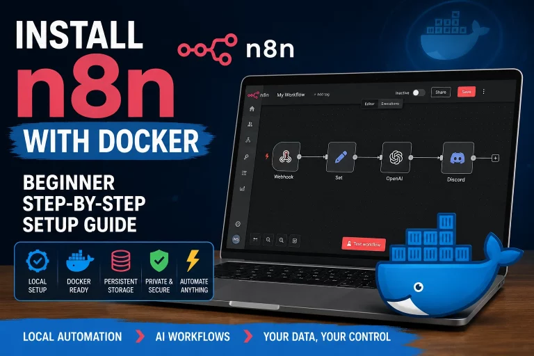 Install n8n with Docker beginner setup guide showing a local automation workflow environment running on a laptop