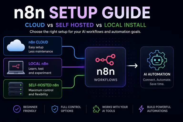 n8n setup guide comparison showing n8n Cloud, self-hosted n8n, and local install options for AI workflow automation