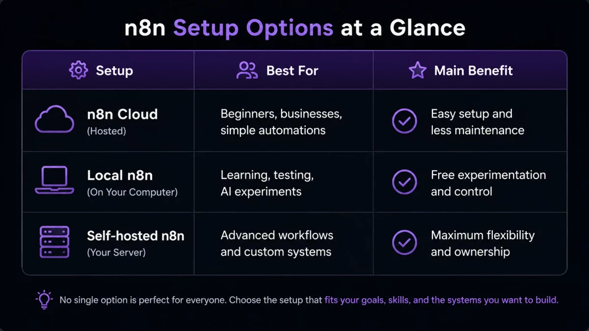 n8n setup guide comparison showing n8n Cloud, local n8n, and self-hosted n8n options for building AI workflow automations