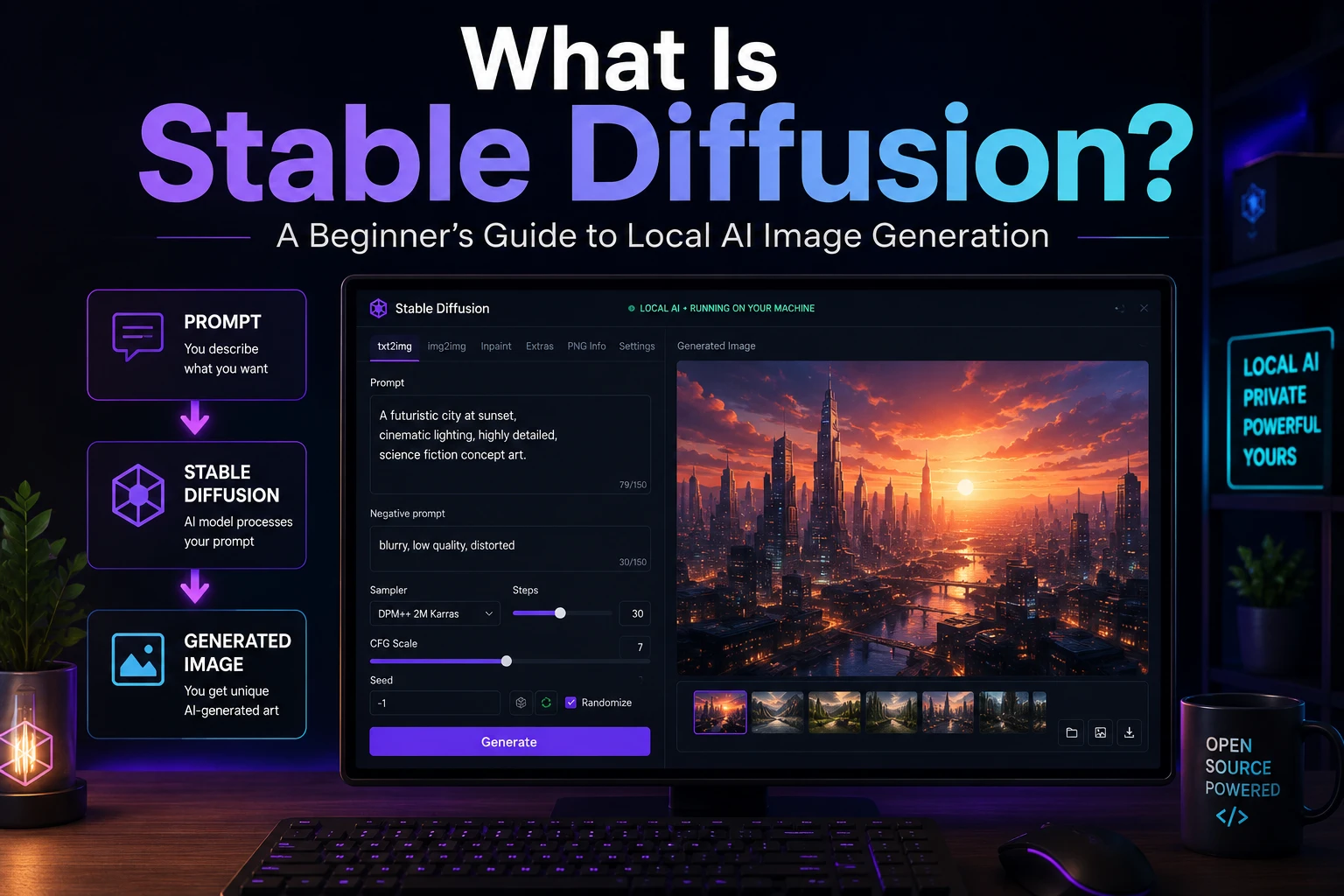 What Is Stable Diffusion beginner guide showing local AI image generation workflow from prompt to generated image