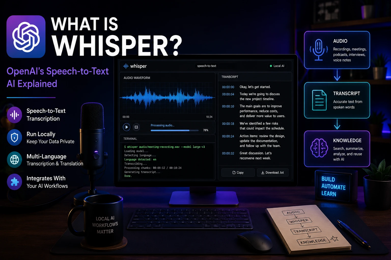 What Is Whisper? OpenAI speech-to-text AI converting audio recordings into searchable text for local AI workflows
