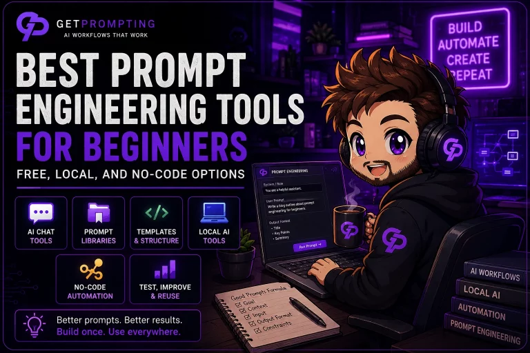 Best prompt engineering tools for beginners featuring AI chat tools, prompt libraries, local AI, templates, and no-code automation.