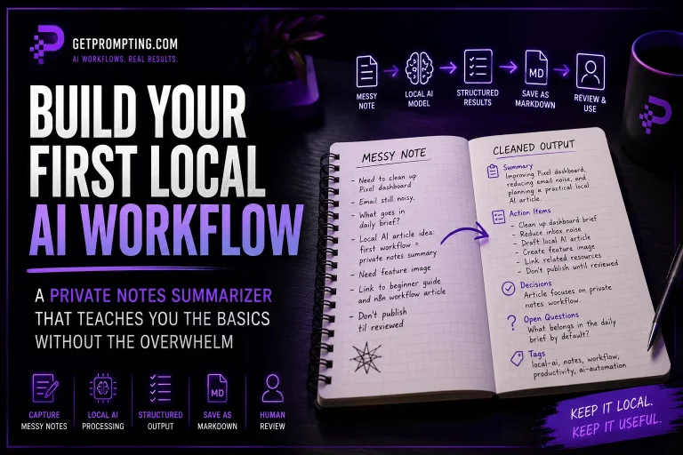Private local AI workflow turning messy notes into structured action items and markdown