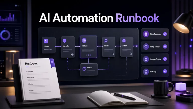 AI automation runbook template showing workflow checks, retry safety, human review, and run logs