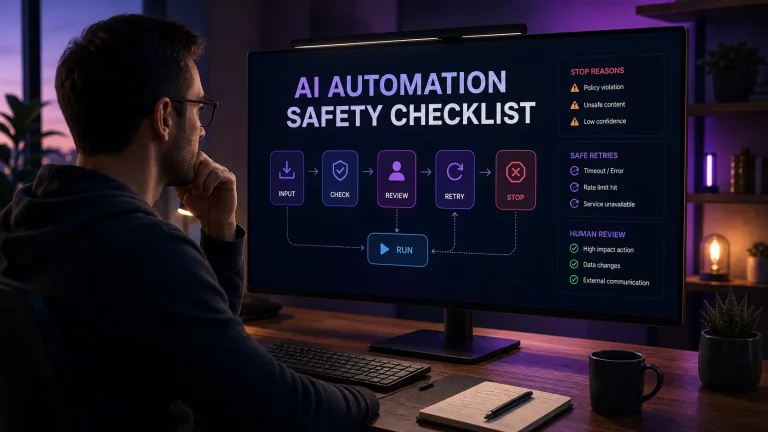 AI automation safety checklist showing stop reasons, safe retries, and human review in a workflow dashboard