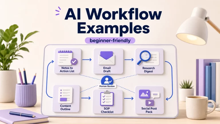 Beginner AI workflow examples shown as connected workflow cards with a human review checkpoint