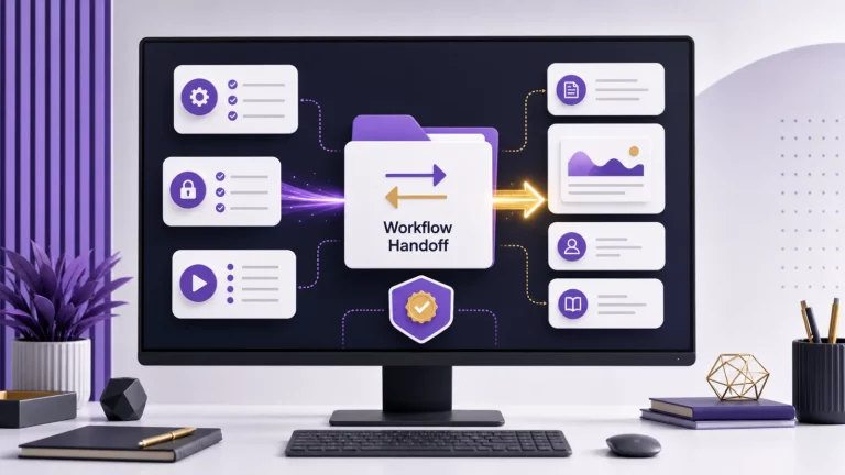 Illustration of an AI workflow handoff packet with setup checklist, access notes, test run card, and runbook