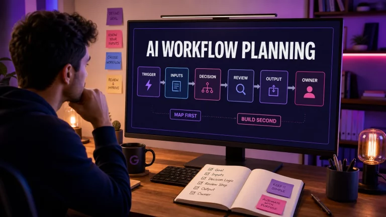 AI workflow planning canvas showing trigger, inputs, decision, review, output, and owner before automation